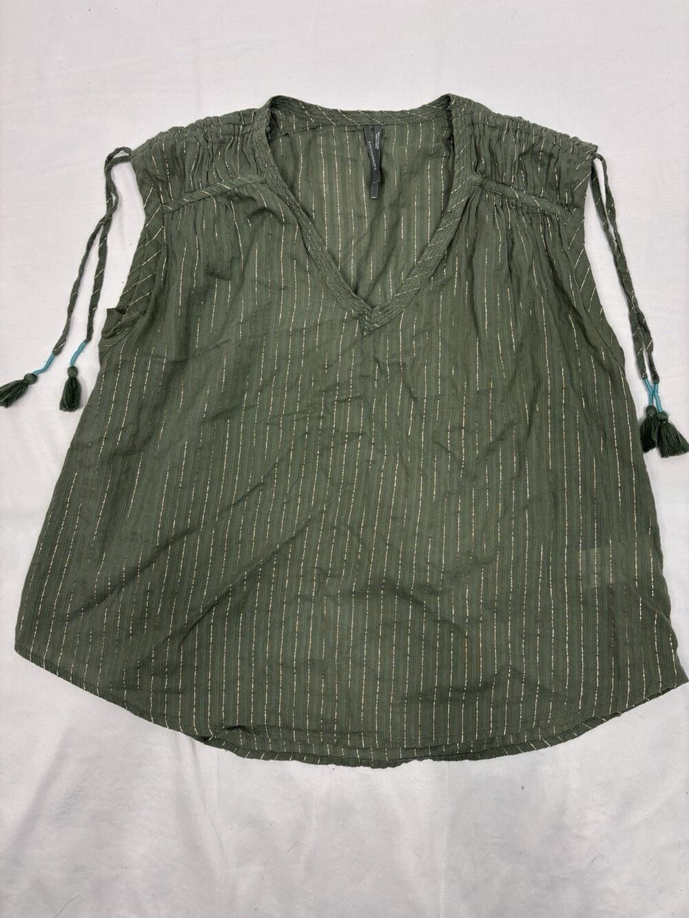 Anthropologie Women’s S Green Sleeveless V Neck Top Gold Stripe Boho Tassels